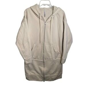Athleta Long Length 2 way Zip Front Hoodie, Side Slits, Cream Small Oversized